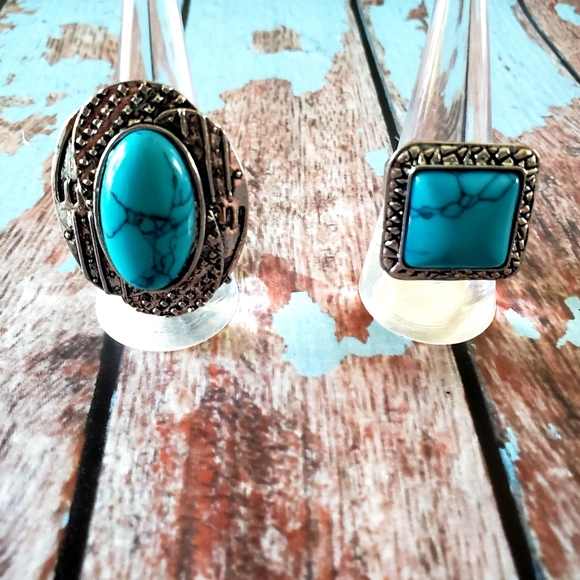 2/$20🌼  Turquoise Silvertone Rings Adjustable #3 - Picture 4 of 6
